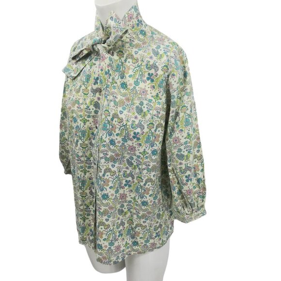 Vintage Handmade Button Front Tie Neck Bow 3/4 Sleeve Blouse Size L? Birds - Picture 2 of 12